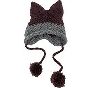 Cat Ear Beanie with Ear Flap Pompom Cute Fox Ears Hat Y2k Gothic Handmade Crochet Beanie for Women Teen Girls Snow Winter, Brown, M