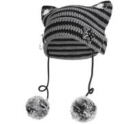 Cat Ear Beanie Y2K Hat, Women Girl Emo Crochet Striped Grunge Goth Star Pom Aesthetic Knit Kawaii Alt Cute Slouchy Skull Cap, Black Grey, One size