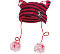Cat Ear Beanie Y2K Hat, Women Girl Emo Crochet Striped Grunge Goth Star Pom Aesthetic Knit Kawaii Alt Cute Slouchy Skull Cap, Red Black, One size