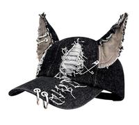 Cat Ear Hat Black Ripped Y2k Hat With Metal Hoop Punk Grunge Aesthetic Baseball Cap Sun Protection Stylish One Size Fits Most Black Baseball Cap