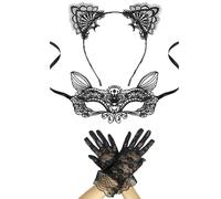 Cat Ear Headband, Lace Eye Mask and Gloves Set, Costume Accessories for Adults Women, Halloween Masquerade Party Role Play