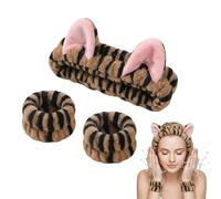 Cat Ear Headband & Wristbands Set for Face Washing, Soft Absorbent Makeup Spa Headband & Wrist Towels for Skincare, Shower & Facial Care Gifts (Brown)
