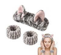 Cat Ear Headband & Wristbands Set for Face Washing, Soft Absorbent Makeup Spa Headband & Wrist Towels for Skincare, Shower & Facial Care Gifts (Gray)