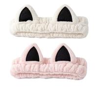 Cat Ear Headbands, Soft Gathered Hair Bands, White And Pink, 2-Pack | Attached Pointed Ears With Black Inner Panels, Holds Hair Back At The Sink During Face Washing, Skincare And Makeup At Home