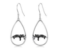 Cat Earring 925 Sterling Silver Cute Black Cat Teardrop Dangle Earring Animal Jewelry Gift For Women