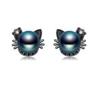 Cat Earrings 925 Sterling Silver Black Pearl Stud Earrings Black Cat Jewellery Present for Women Mom