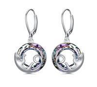 Cat Earrings 925 Sterling Silver Cute Cat Kitty Dangle Drop Leverback Earrings with Purple Circle Crystal, Cats Jewelry Gifts for Women