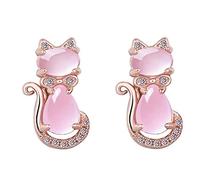 Cat Earrings Cute 925 Silver Earrings Rose Quartz Zircon Gemstone Jewelry Stud Earrings Wedding (Pink)