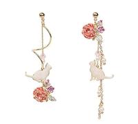 Cat Earrings - Flower Cat Asymmetrical Earrings, Earrings for Girls, Sterling Silver Stud Earrings,Silver Earings,Pink Flower Pearl Sakura Leaf Earrings Ginkgo Biloba Cat Fairy Flower for Women Girls