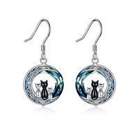 Cat Earrings Sterling Silver Cats Moon Earrings Crystal Black Cat Jewellery Gifts for Woman