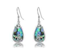 Cat Earrings with Abalone Shell Sterling Silver Celtic Kitten Charm Dangle Dangly Drop Earrings Animal Jewellery Gifts for Women Girls