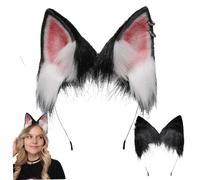 Cat Ears Headband, Fox Ear, 8.7x7.5 Inch Soft Furry Ears, Portable Faux Fur Therian Ears, Adjustable Wolf Cat Ears Headband for Party Cosplay Costume Accessories, Black White