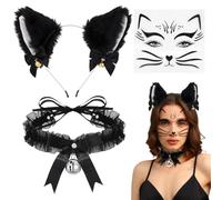 Cat Ears Headband with Collar and Black Face Tattoo, Plush Cat Hair Accessories, Set of Cat Cosplay Women for Halloween, Carnival, Party Costume