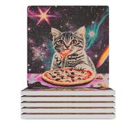 Cat Eating Pizza Ceramic Coaster Set Cork-Backed for Drinks Square Heat Resistant Coasters Table Protection for Tea Coffee