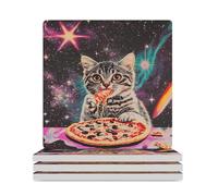 Cat Eating Pizza Ceramic Coaster Set Cork-Backed for Drinks Square Heat Resistant Coasters Table Protection for Tea Coffee