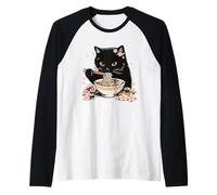 Cat Eating Ramen Noodles Cute Kawaii Japanese Cherry Blossom Raglan Baseball Tee