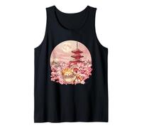 Cat Eating Ramen Noodles Mount Fuji Sakura Tree Pagoda Tower Tank Top