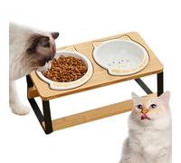 Cat Elevated Food Bowl, Cat Raised Food Bowl, Double Tall Ceramic Dish, Spill-Proof Non-Slip Wooden Base For Kitten Puppy Eating Drinking Apartment City Living Travel