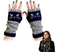 Cat Embroidery Splicing Knitted Gloves, Women’s Fingerless Knitted Gloves with Cat Embroidery, Cozy Soft Warm (Blue)