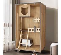 Cat Enclosures Cage Playpen, Cat Cage Playpen with Wheels LED Light Top Cover Engineered Wood Tempered Glass Brown 60x60x(90-120) cm(Without Side Door,60x60x120cm)