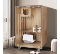 Cat Enclosures Cage Playpen, Cat Cage Playpen with Wheels LED Light Top Cover Engineered Wood Tempered Glass Brown 60x60x(90-120) cm(Without Side Door,60x60x90cm)