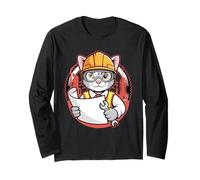 Cat Engineer Hard Hat Wrench Blueprints Construction Kitty Long Sleeve T-Shirt