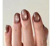 Cat Eye False Nails Short,Short Round Deep Brown Press On Nails,Autumn/Winter Stick On False Nails with Glue,Deep Brown Acrylic FalseNails, Durable Easy Application,12 Sizes Full Cover Long Lasting