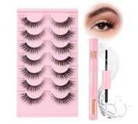 Cat Eye Lashes Natural Look False Eyelashes with Glue 7 Pairs Faux Mink Fluffy Lashes with 2 in 1 Bond&Remover Clear Band Wispy Fake Lashes Set Reusable Handmade Soft Strip Lashes