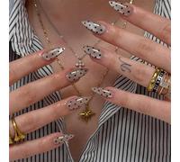 Cat Eye Press on Nails, Grey Short Almond False Nails with Black Polka Dots, Elegant Glue On Nails, Reusable Full Cover Fake Nails for Women