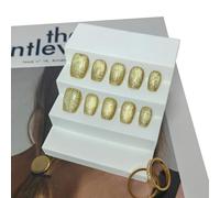 Cat Eye Press on Nails Handmade Short Oval/Square/Round False Nails with French Tip/Aurora/Magnetic Shimmer Designs (Glitter#Square Golden, Medium)