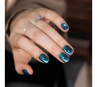 Cat Eye Press on Nails Short Coffin Shape,30PC Bling Pastel Blue Cat Eye False Nails with Acrylic Nails Texture,Easy Application Sparkly Glitter Nail Press-On for Women,Reusable Fake Nails,Pastel Blue