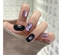 Cat Eye Press on Nails Square - Purple Short False Nails with Star Design - 24Pcs Short Fake Nails with Glue - Black Nails Full Cover Stick on Nails for Women Daily Wear