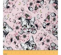 Cat Fabric by The Yard Cats Print Flower Upholstery Fabric for Chairs Cute Kitten Animal Cat Lover's Gift Botanical Floral Pattern Decorative Waterproof Outdoor Fabric 1 Yard (L92*W150cm) Pink