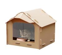 Cat Feeder House Outdoor - Wood Canvas 40x35cm | Waterproof Dining Room Sloping Roof Shelter | Outside Feral Kitten Feeding Station Cabin Kennels Box For Garden Yard Street Park Community