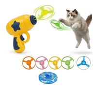 Cat Fetch Toy Launcher, Flying Disc Launcher Toy - 6-in-1 Interactive Pet Exercise Set - Battery-Free Mechanical Dragonfly Whirlybird Disc for Indoor Bored Cats - Night Play Spinning Top(Yellow)