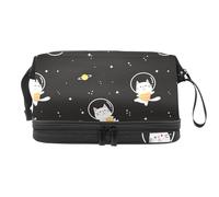 Cat Floating in The Space Double Layer Cosmetic Bag for Women and Girls, Travel Toiletry Bag Makeup Handy Pouch Organiser Bag with Brush Compartment