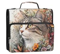 Cat Floral Art Design 1.5-Inch 3-Rings Zipper Binder Organizer with Handle and Removable Shoulder Strap Multi-Pocket School Binders Organizer for Office School