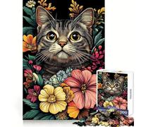 Cat Floral Portrait Design Jigsaw Puzzle for Adults 1000 Pieces Thinking Skill Pleasant Downtime Neat Edges Chic Xmas Gift (38x52cm)
