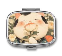 Cat Flower Cute Pill Case Box with 2 Compartment Medicine Vitamin Organizer for Purse Pocket 5.5x4cm