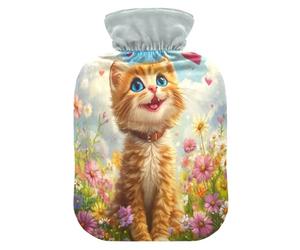 Cat Flower Meadow Green tag3 Hot Water Bottle with Cover for Pain Relief tag1 for tag2, 1L