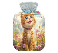 Cat Flower Meadow Green tag3 Hot Water Bottle with Cover for Pain Relief tag1 for tag2, 2L