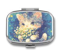 Cat Flower Painting Pill Case Box with 2 Compartment Medicine Vitamin Organizer for Purse Pocket 5.5x4cm