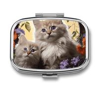 Cat Flowers Pill Box,2 Compartments Square Pills Container,Portable for Pocket Or Purse Pill Organizer to Hold Vitamins,Medication,Fish Oil,etc