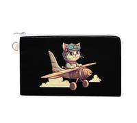Cat Flying on an Airplane Print Coin Purse Cute Change Pouch Wallet Clutch Bag with Zip