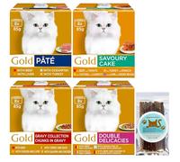 Cat Food Wet Bundle includes Gold Pate, Savoury Cake, Chunks in Gravy, Double Delicacies Multipack 8 x 85g Pack of 4 total of 32 pouches, Silvervine sticks