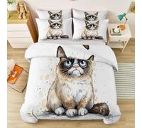 Cat Funny Cute Bedding Duvet Cover Set With 2 Pillowcase - Watercolour Reversible Microfiber Bedding for Bedroom Cat Lovers - Easy Care, Machine Washable 200 × 200 cm