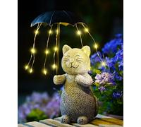 Cat Garden Ornaments with Umbrella & Solar String Lights Waterproof Decor