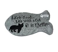 Cat Garden Plaque Fish Shaped Stone Effect 'Life with a Cat is Better'