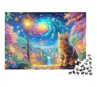 Cat Gazes at A Cosmic Sky Above A Glowing Town 1000-Piece Jigsaw Puzzle Cute Cat Classic Educational Game for Family Puzzle Time 38x26cm/1000pcs