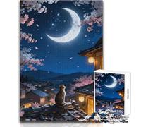 Cat Gazing at Moonlit Cherry Blossoms 1000 Piece Puzzle For Adults Play And Learn Smart Activity Unique Heartfelt Celebration Gift Size 38x26cm